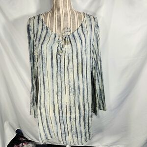 Vintage In Charge Blue & White Striped Tie Neck Long Sleeve Tunic Top Size Large